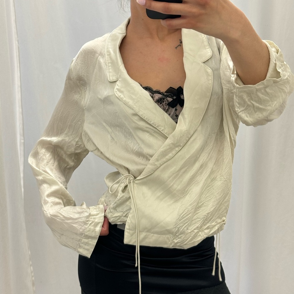 Aritzia satin cream wraparound blouse